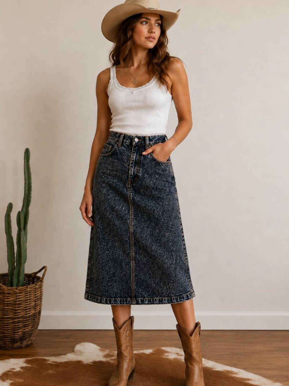 Vintage Jordache Acid Wash Denim Midi Skirt Womens 12 High Waist 80s 90s Western
